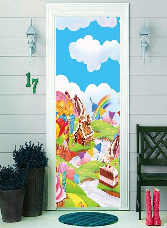 DOTOOMA 35.4 x 72.8 Inches Candyland Sweet Cartoon Rainbow Doughnut Color Flag Balloon Biscuit House Ice Cream Theme Yard Door Banner Sign Decorations Baby Shower Girls Birthday Party Polyester - Image 1
